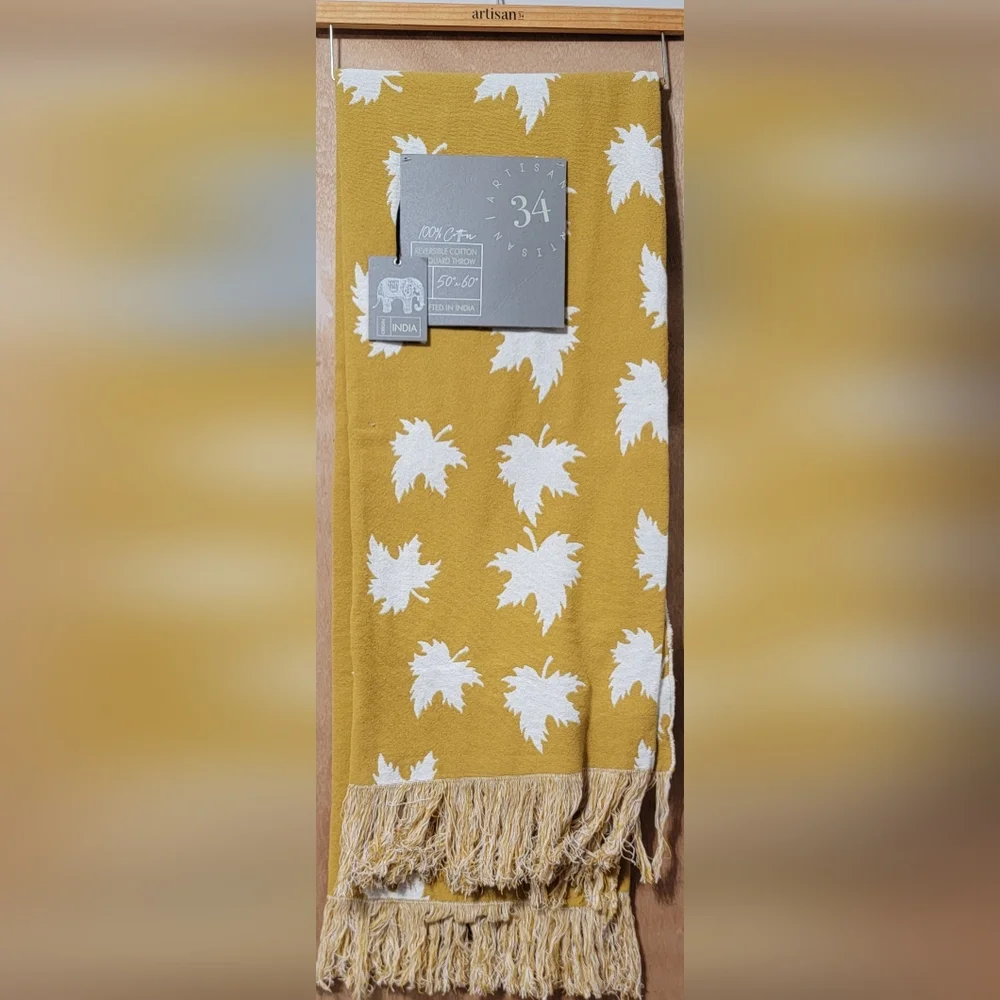 NWT Artisan 34 Jacquard Throw Cotton Reversible Woven Fall Marigold Leaves